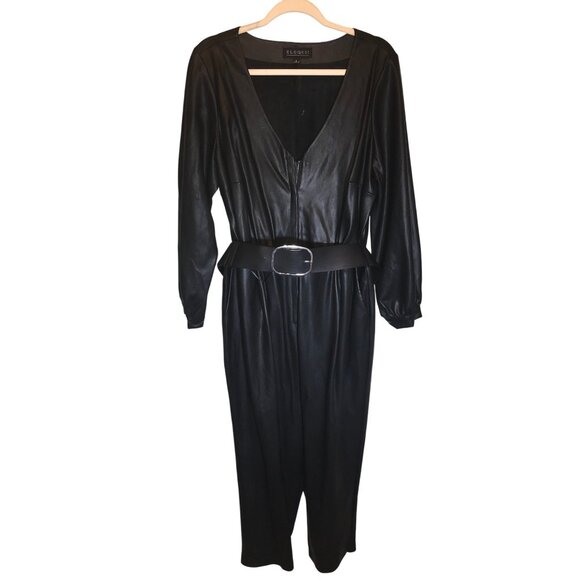 Eloquii Women's Black Plus Size Faux Leather Belted V Neck  Goth Glam Jumpsuit - Picture 2 of 10